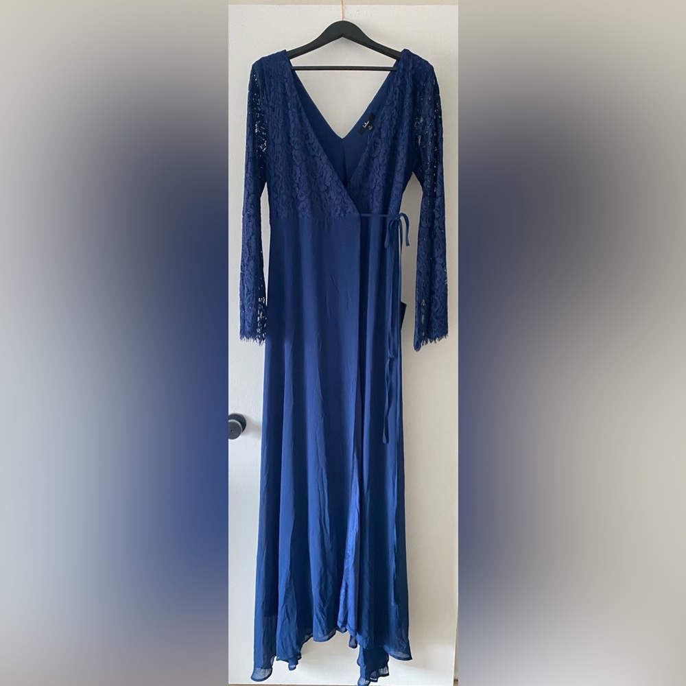 Utterly In Love Navy Blue Lace Long Sleeve Wrap Dress - Picture 6 of 6